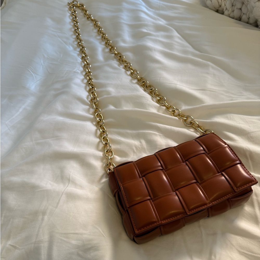 Brown Leather Crossbody Bag with Gold Chain